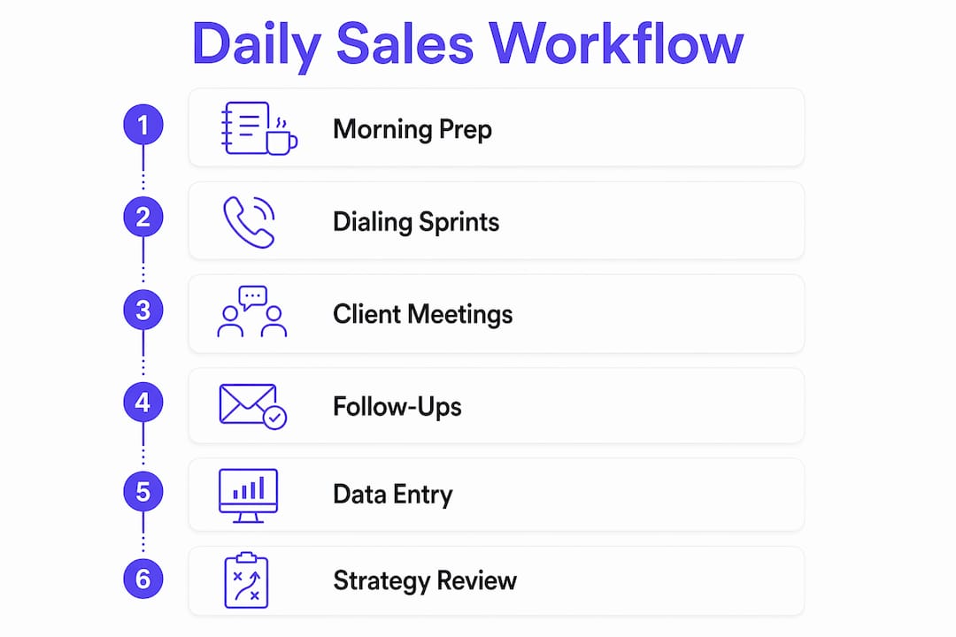 Infographic showing sales rep daily workflow steps