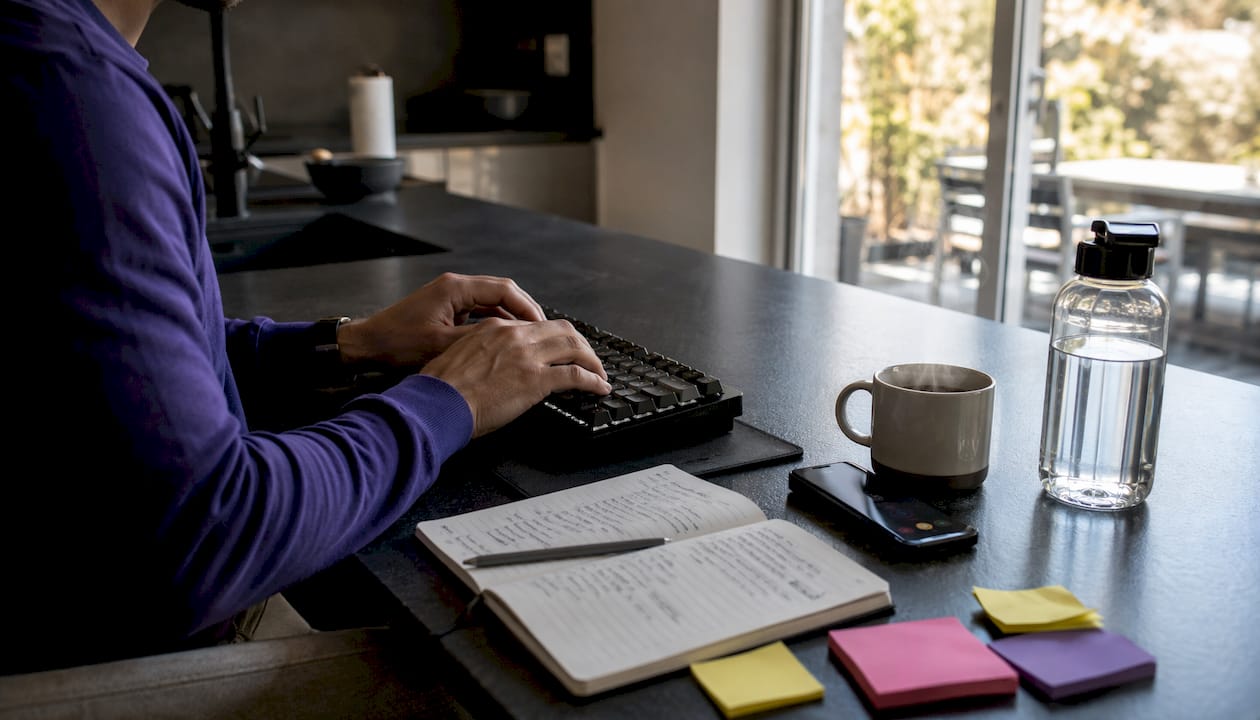 Overhead shot of sales rep working CRM notes