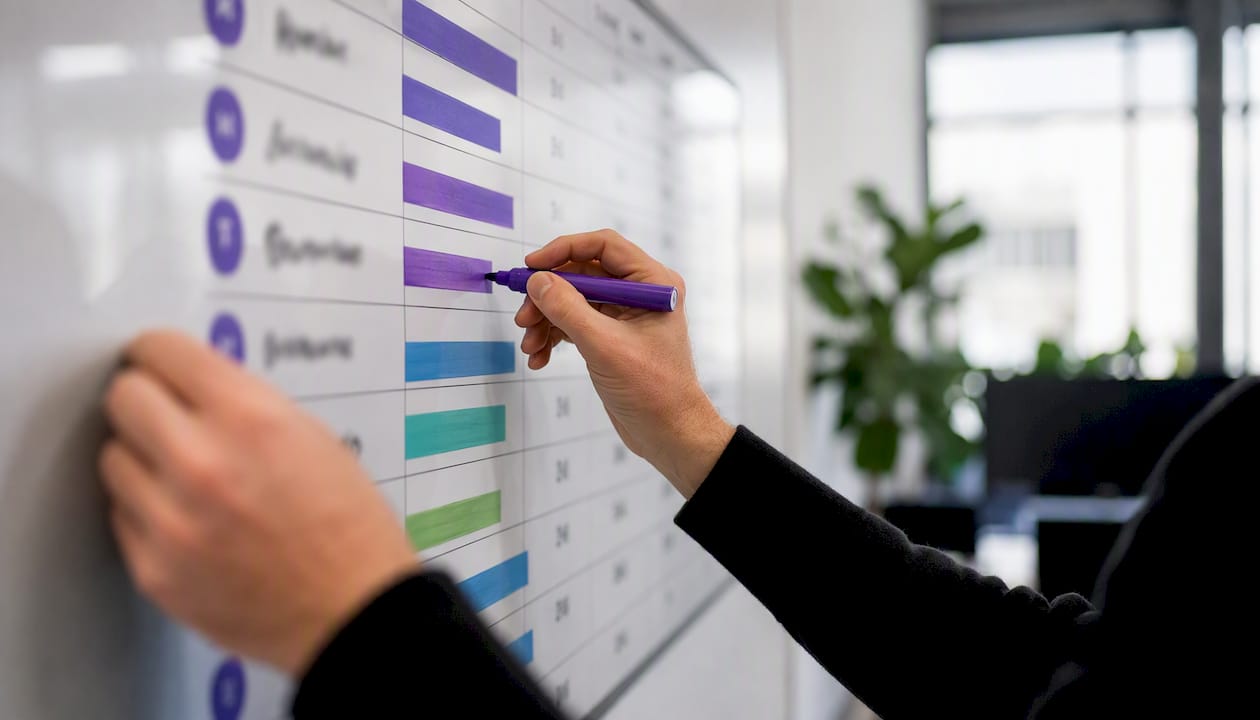 Hands updating sales leaderboard on whiteboard