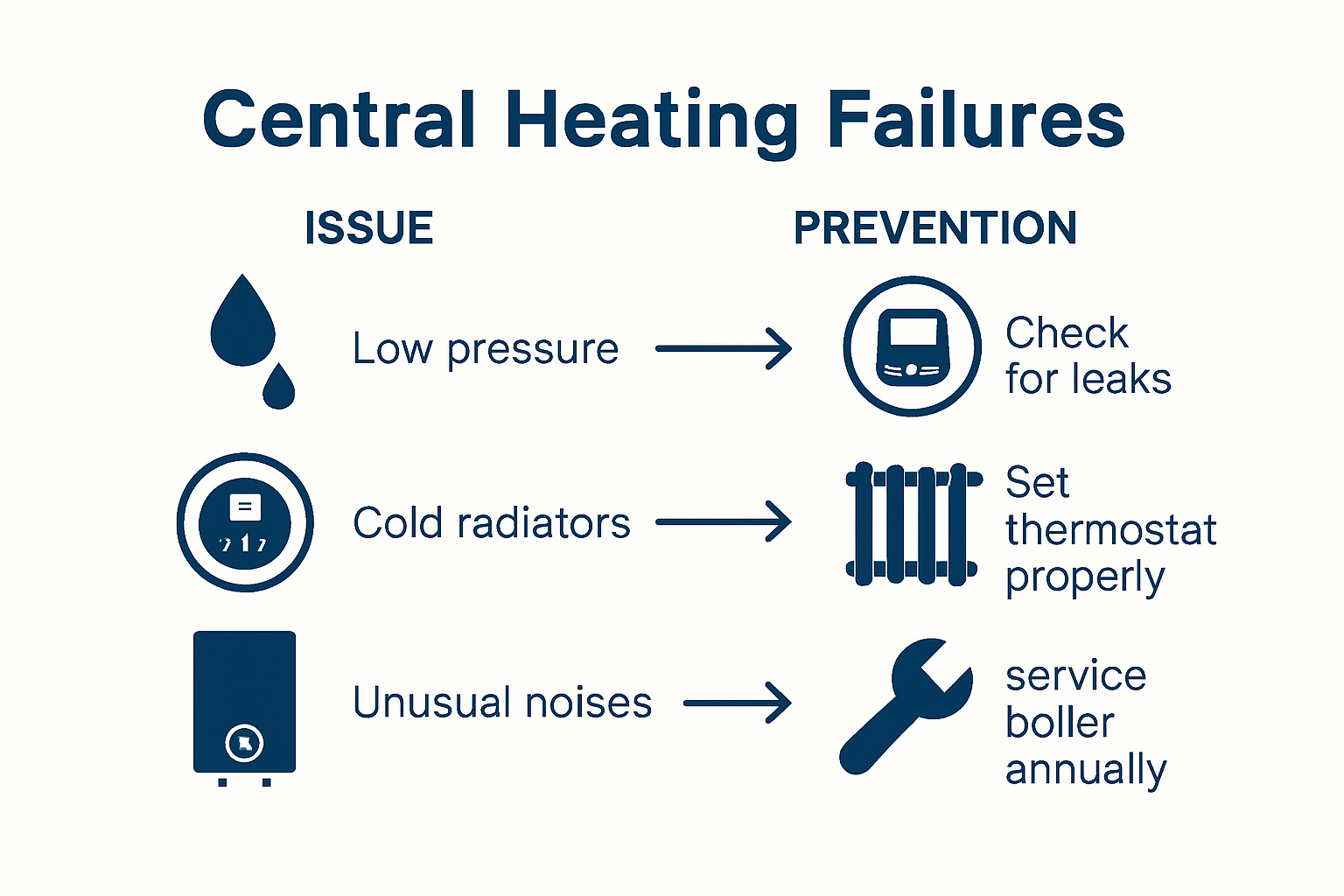 Infographic showing common central heating problems and solutions