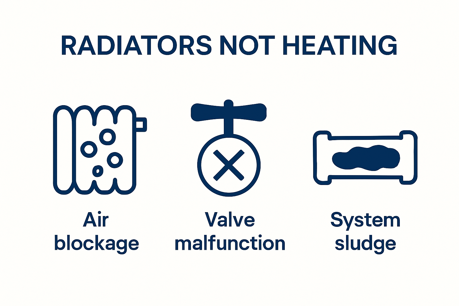 Infographic showing air blockages, broken valves, and sludge as main radiator problems