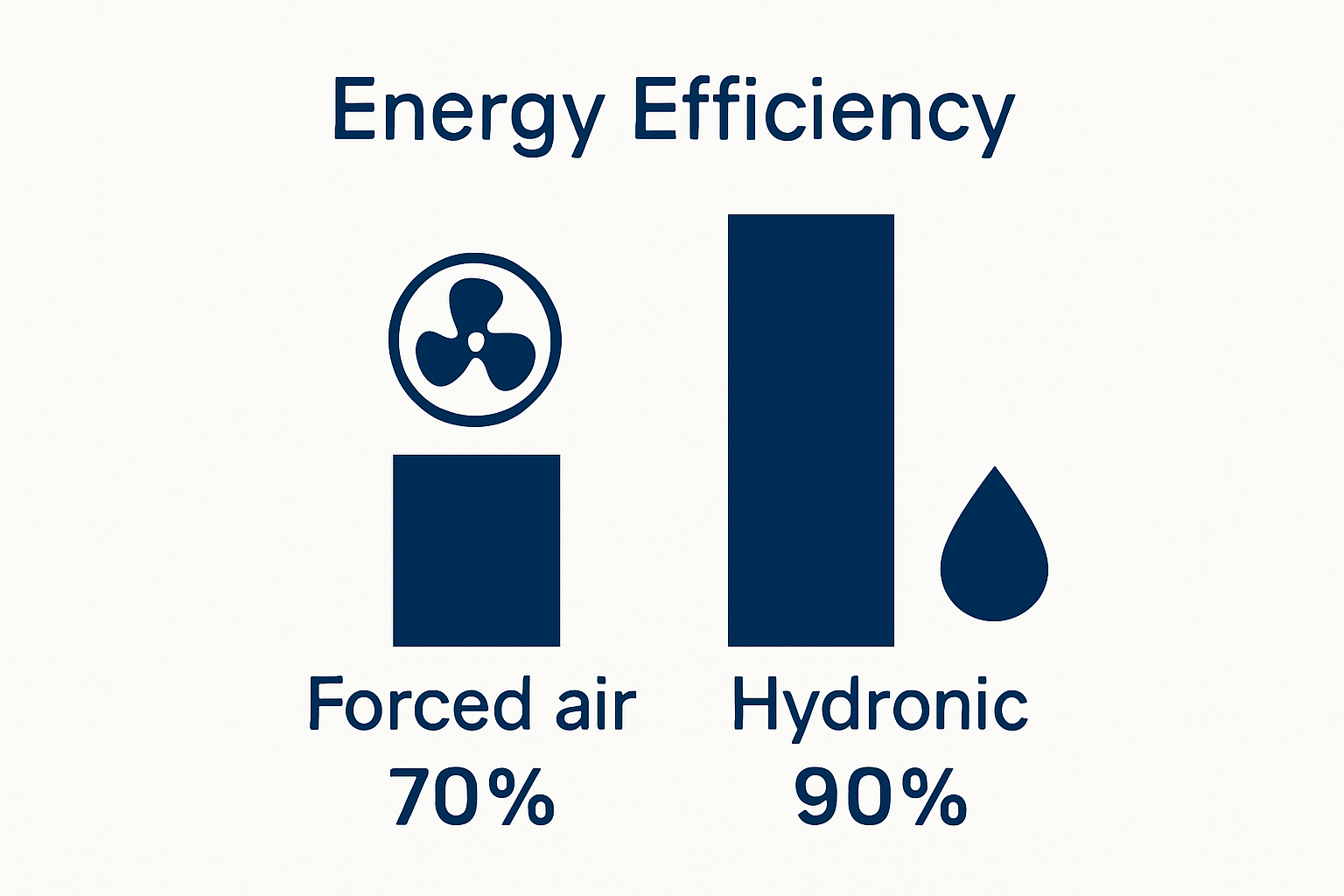 Bar chart compares energy efficiency of forced air and hydronic heating systems