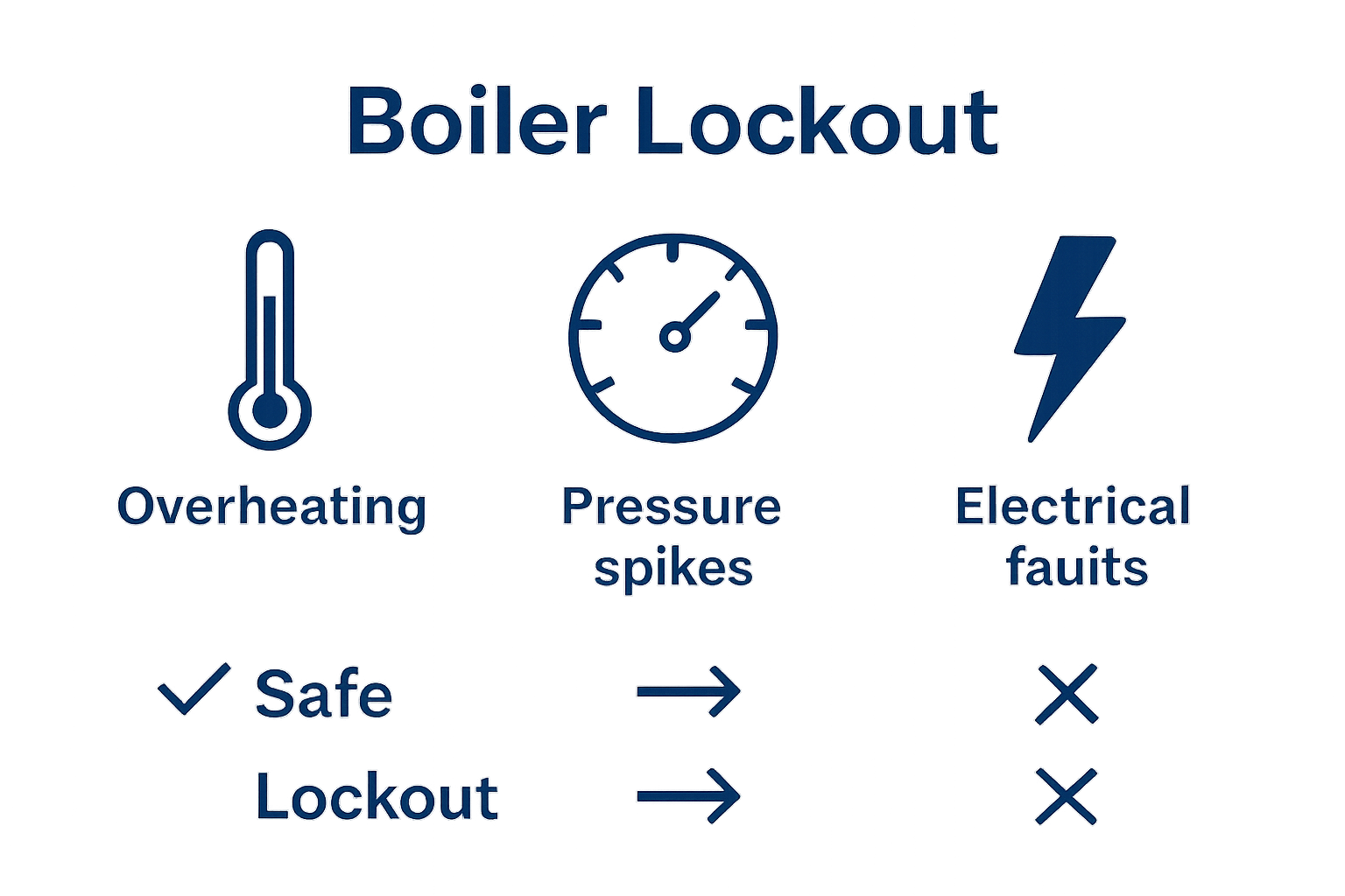 Three icons showing boiler overheating, pressure and electrical fault triggers