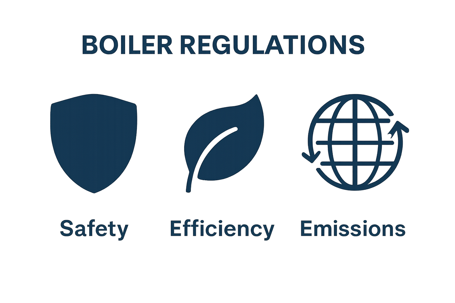 Infographic with safety, efficiency, and emission icons for boiler regulations