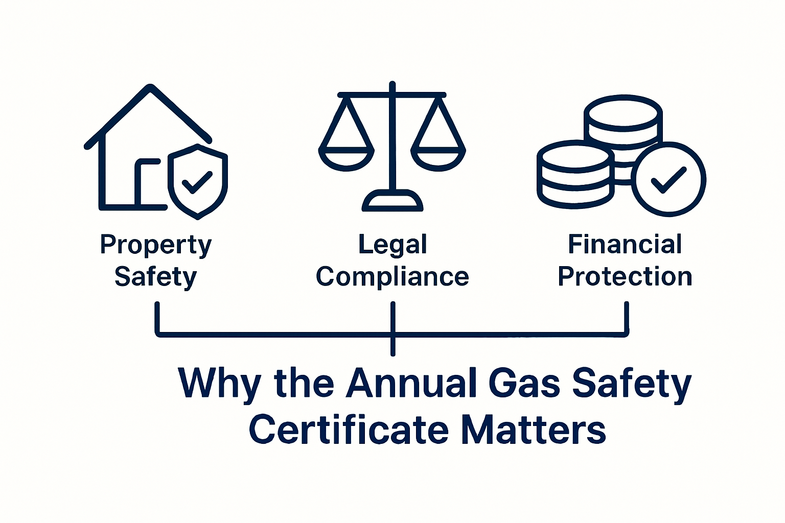 Icons showing safety, legal, and financial protection from a gas safety certificate