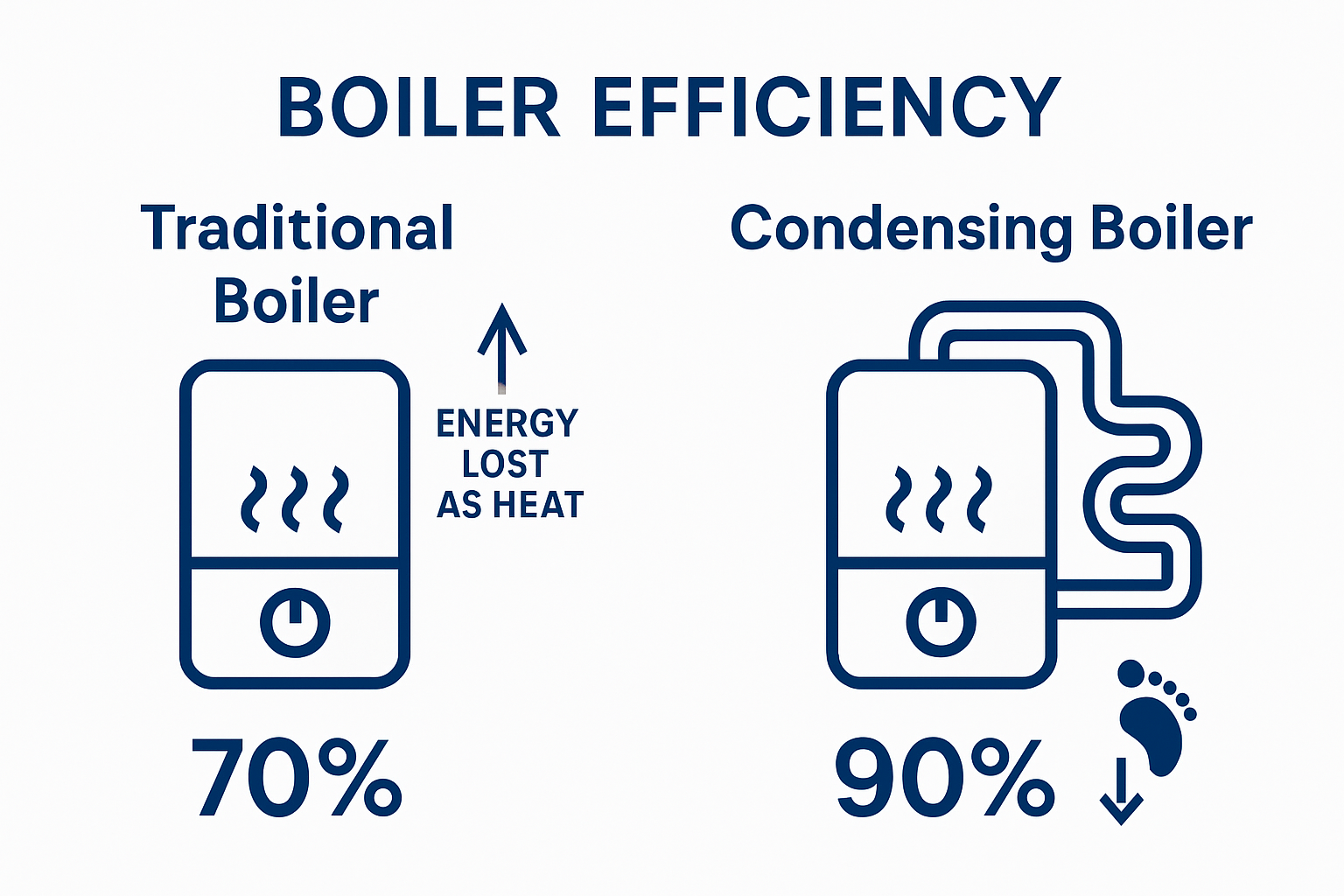 Comparison of condensing vs. traditional boilers showing efficiency and carbon impact
