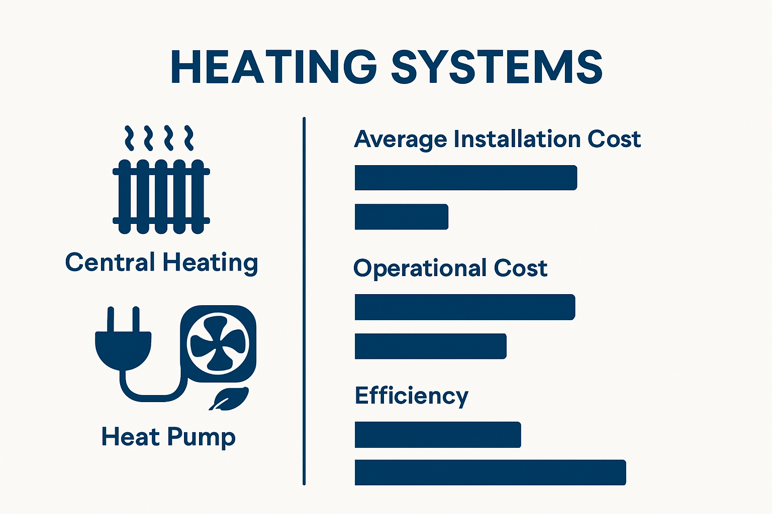 Infographic comparing central, electric, and heat pump heating systems by cost and efficiency