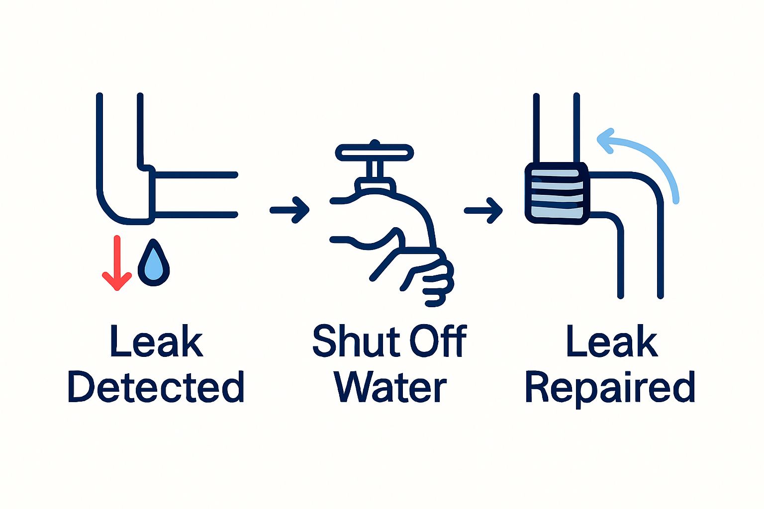 Before-after infographic showing leaking pipe joint and fixed joint with plumber's tape