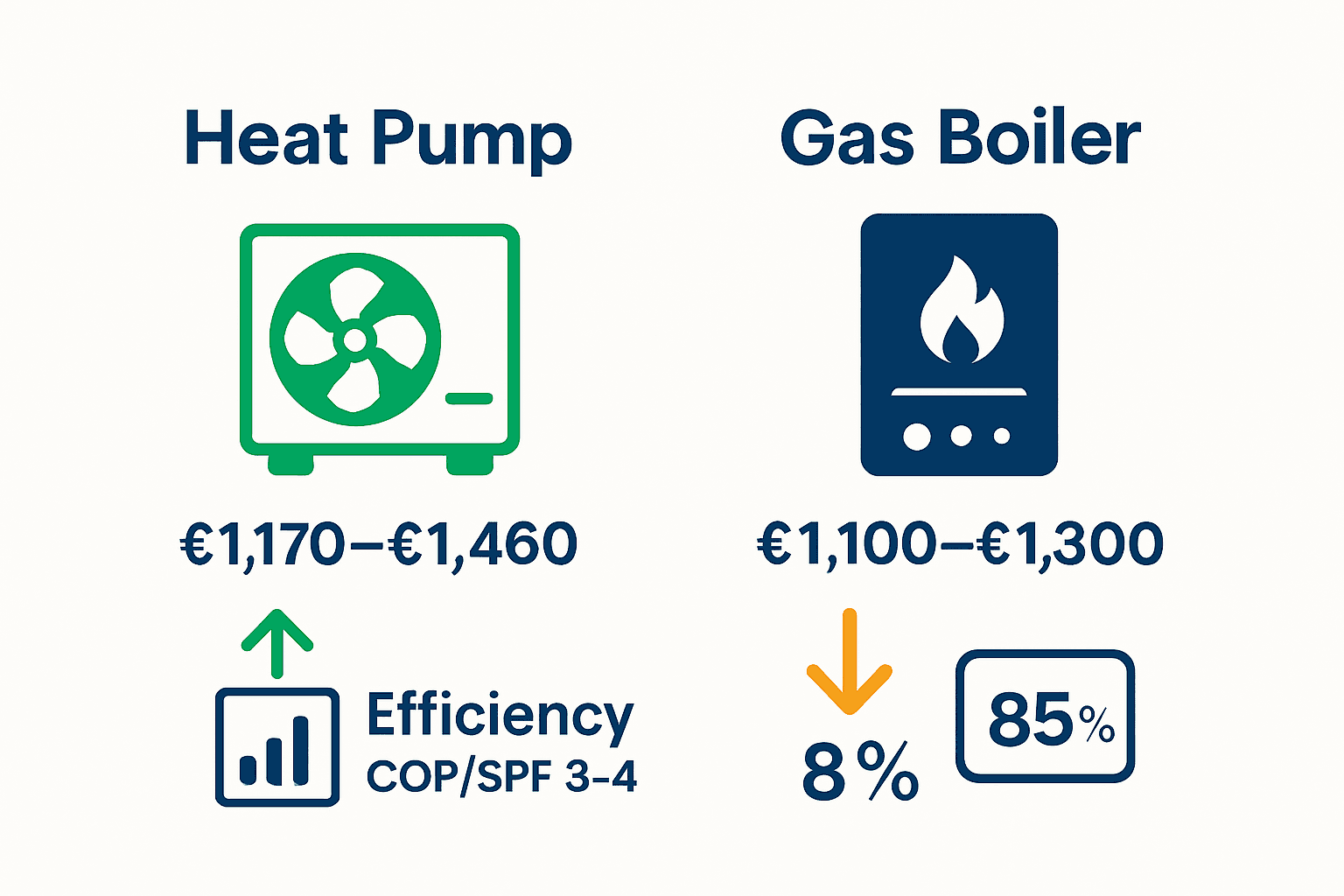 Comparison of annual running costs and carbon emissions of heat pumps vs gas boilers in the UK.