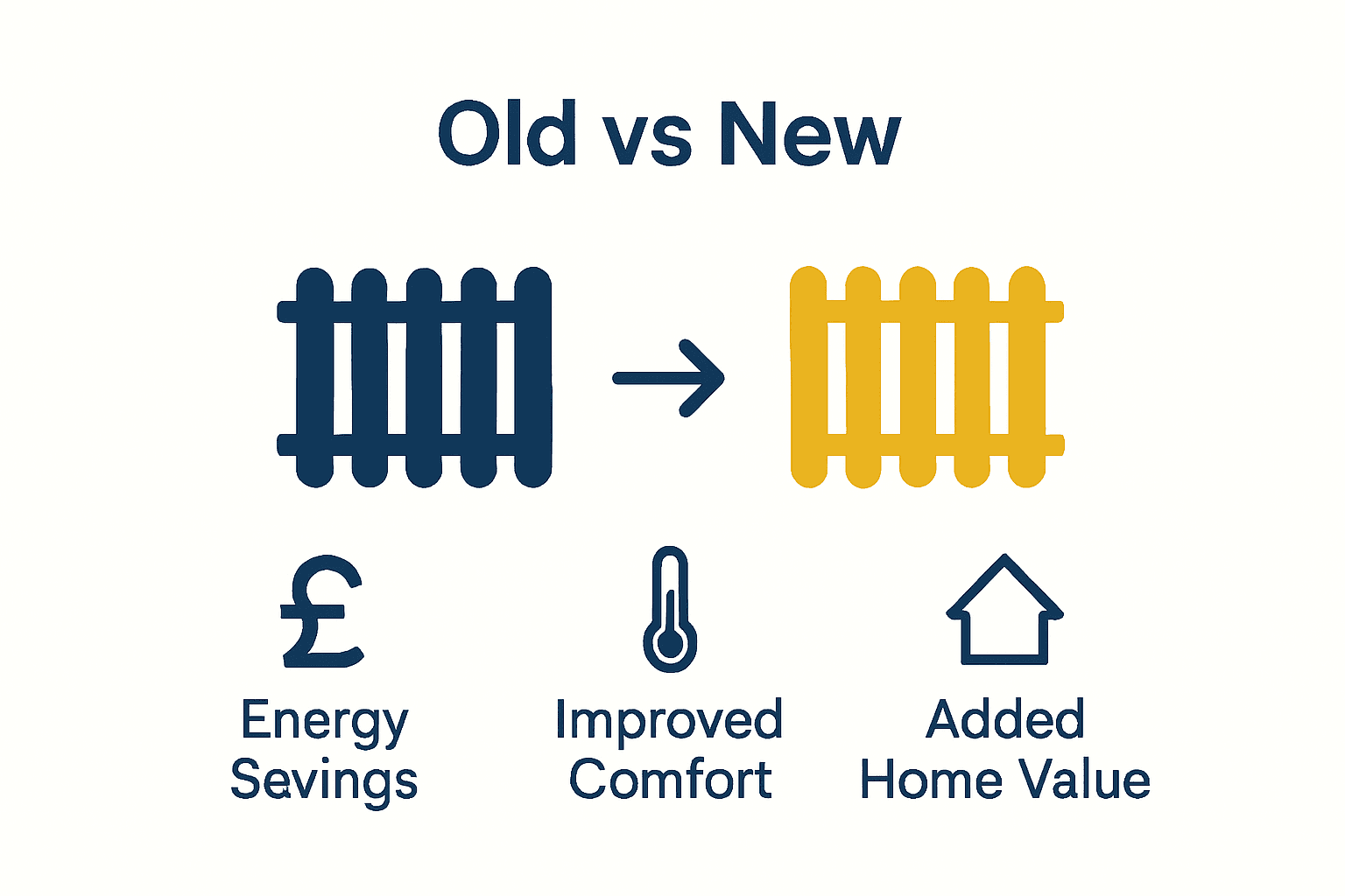 Infographic comparing key benefits of upgrading old radiators to new models.