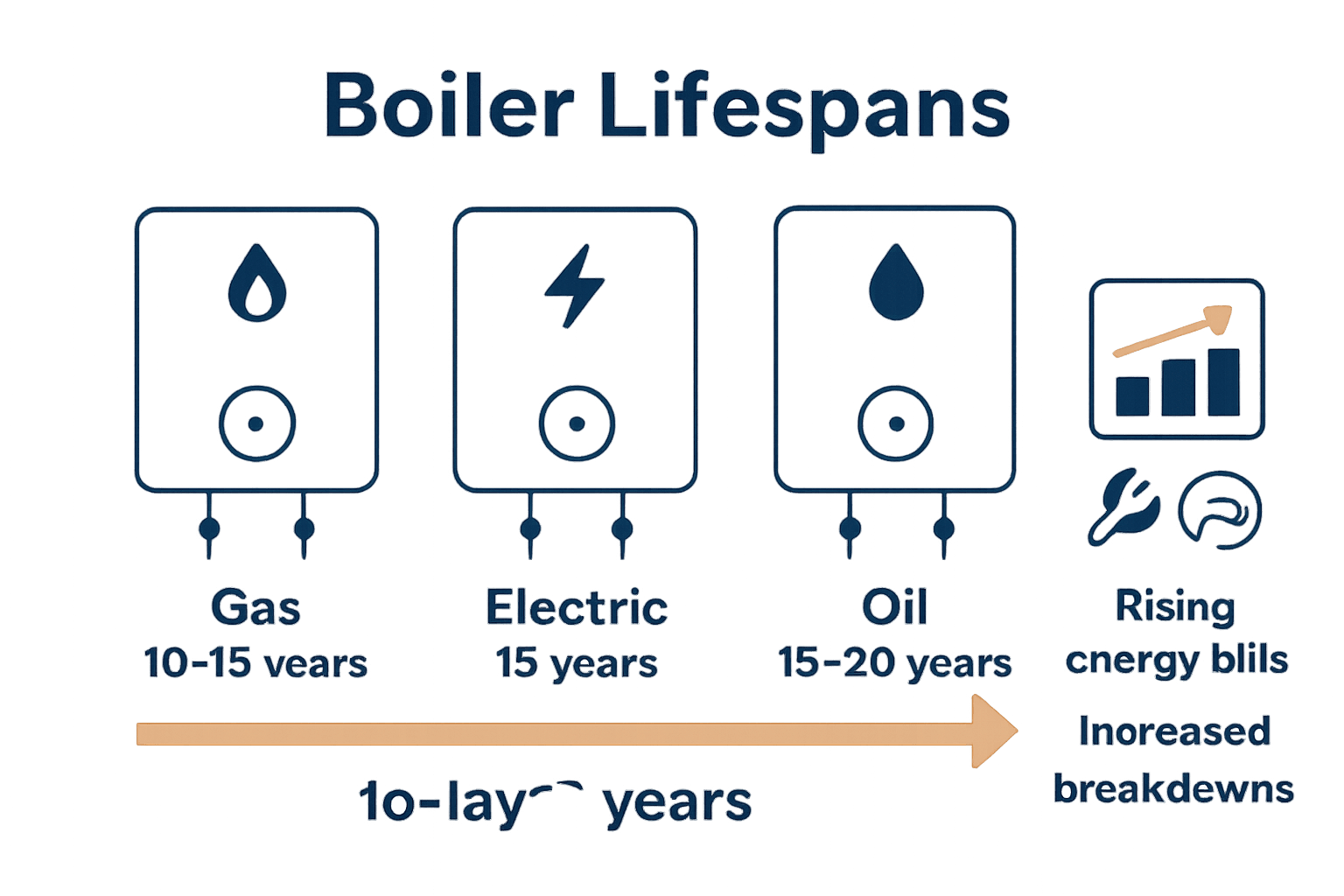 Simple infographic comparing gas, electric, and oil boiler lifespans