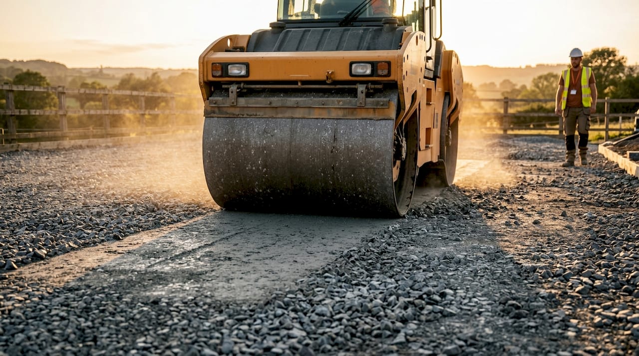 Machinery compacting crushed stone aggregate