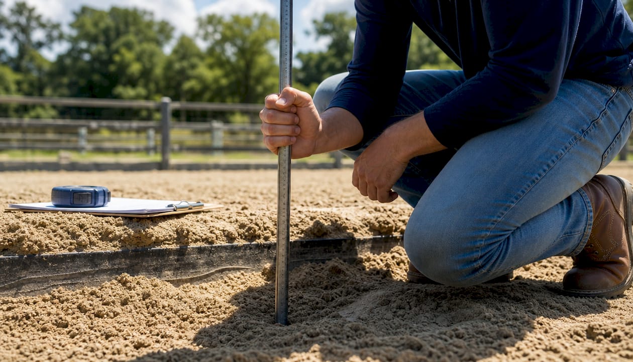 Hand measuring arena surface depth with metal rod