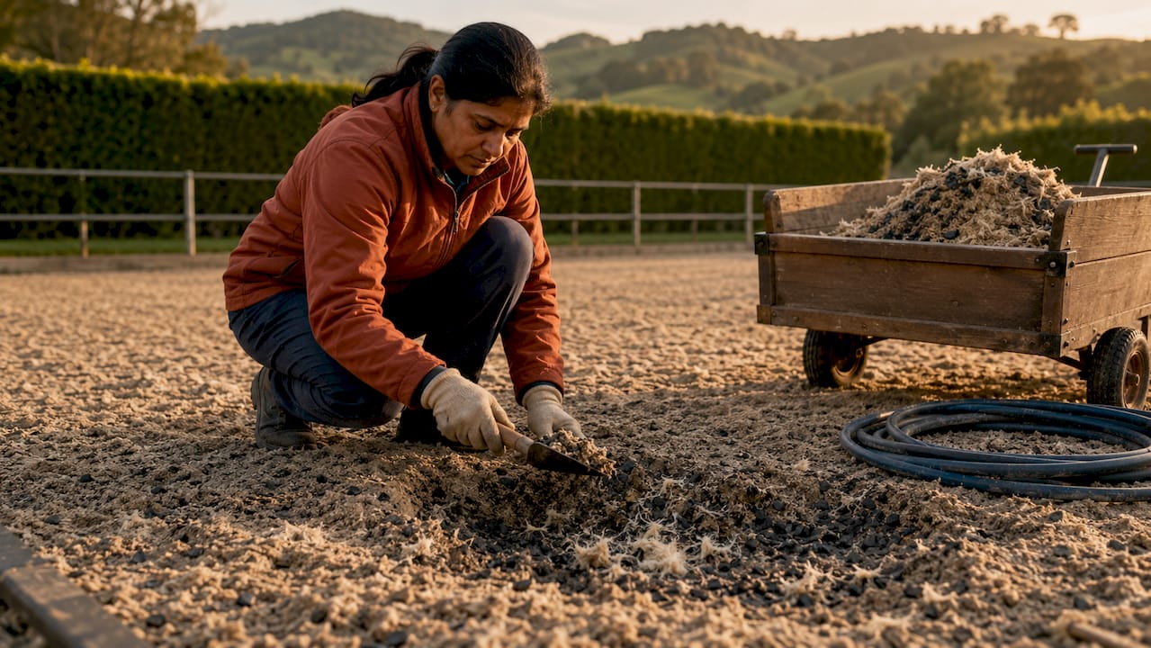 Close-up of arena footing with groundskeeper inspecting