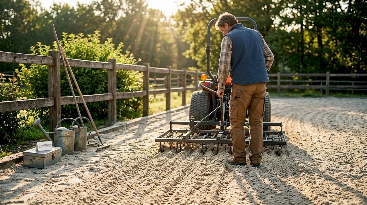 Groundskeeper grooming horse arena footing