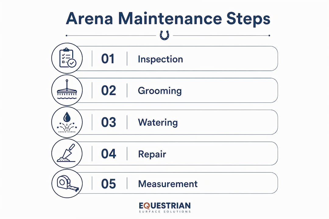 Infographic showing key equestrian arena maintenance steps