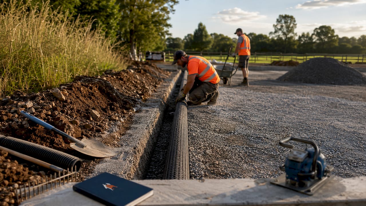 Drainage pipe installation in horse arena construction
