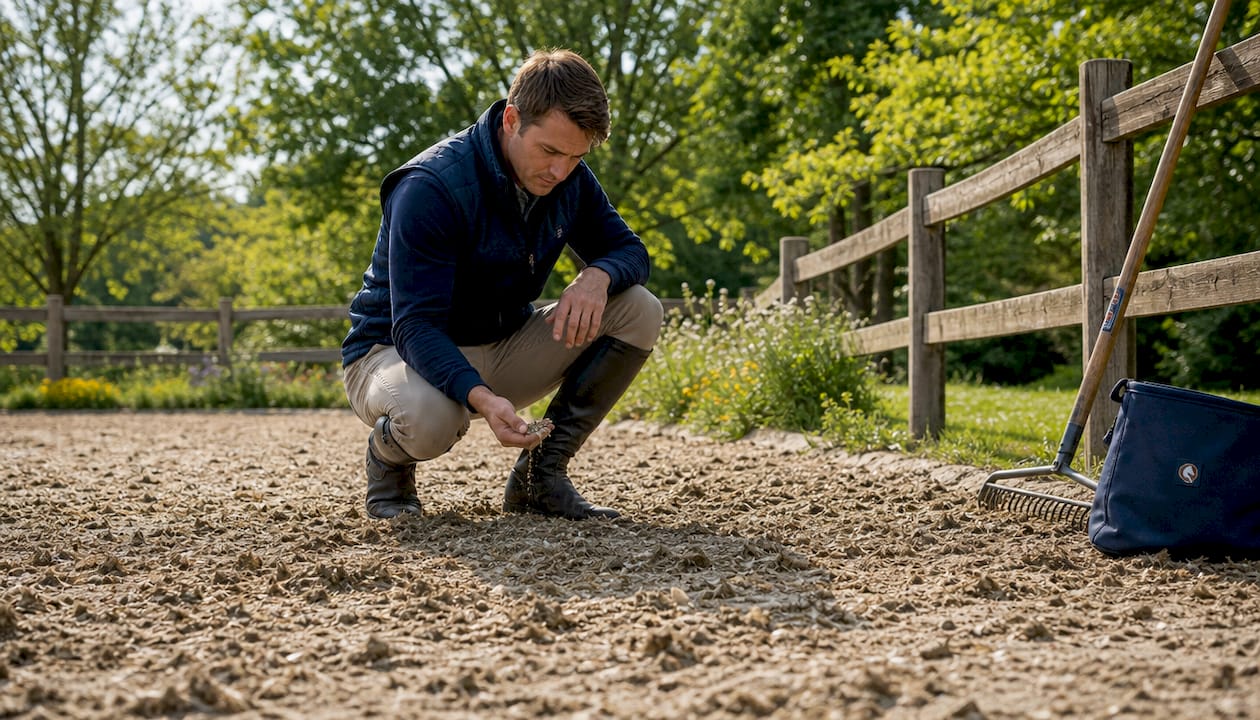 Horse trainer inspecting arena surface footing