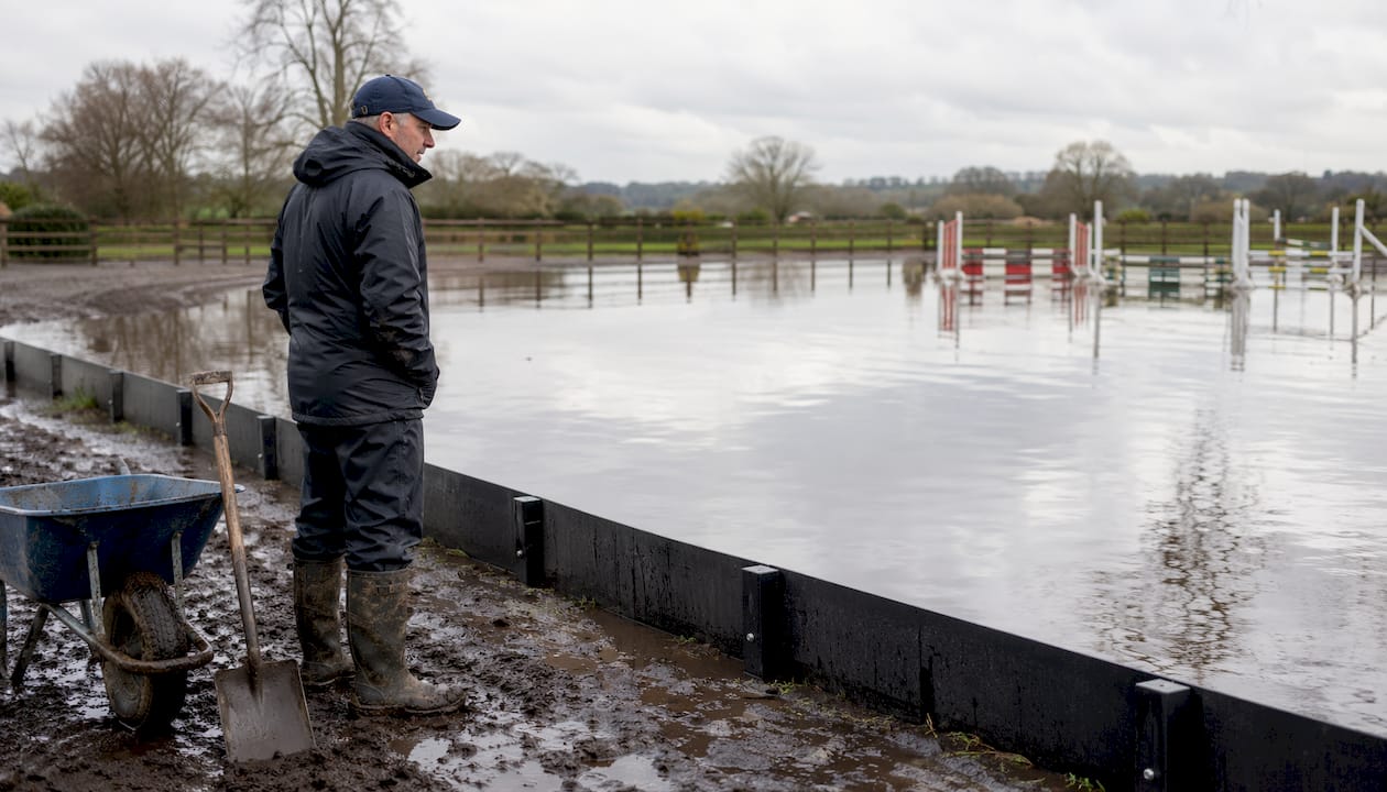 Groundskeeper inspecting flooded horse arena drainage