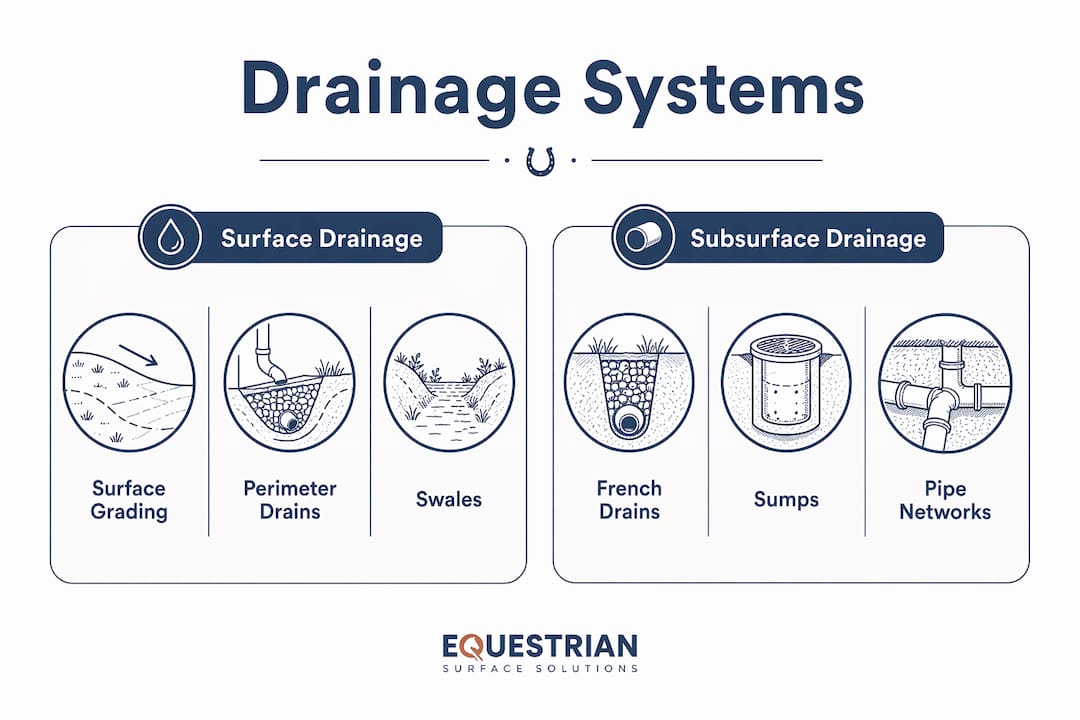 Infographic showing drainage system categories for arenas