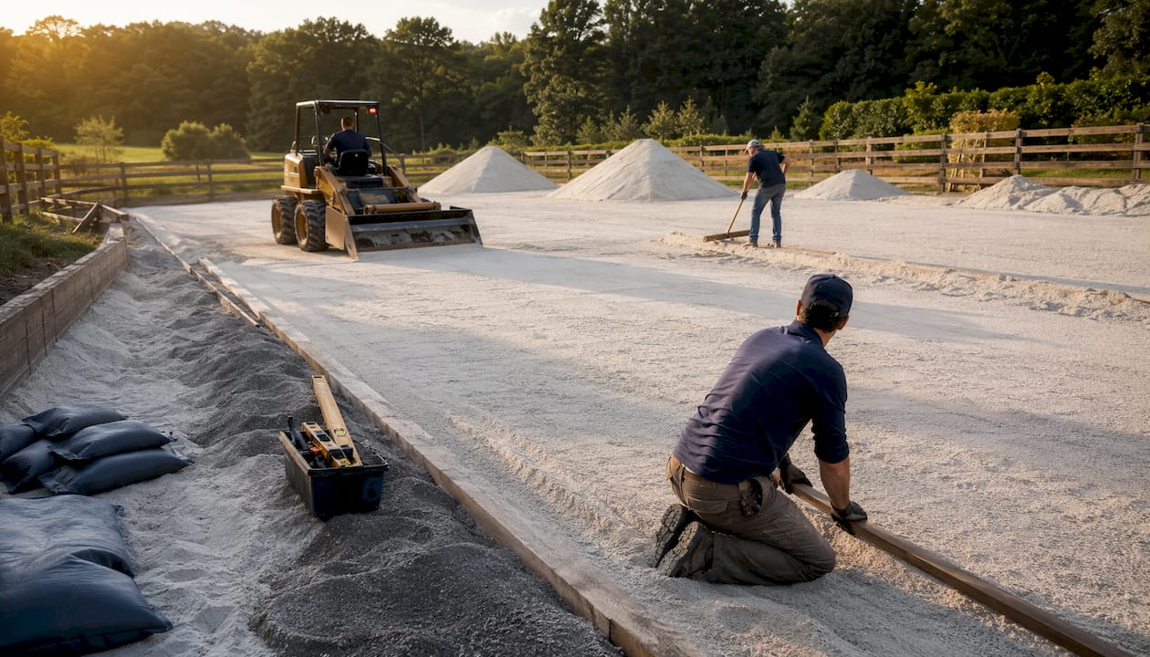 Installing silica sand base in horse arena