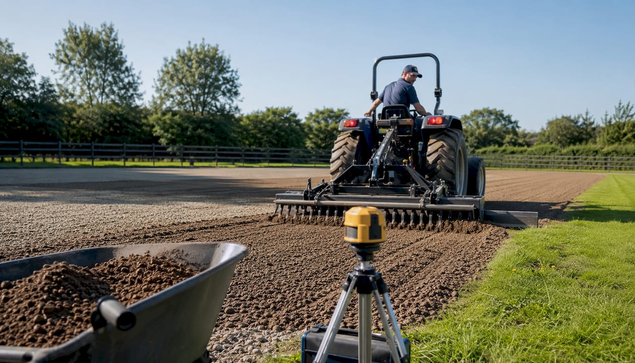 Man operating ArenaMate leveller in horse arena