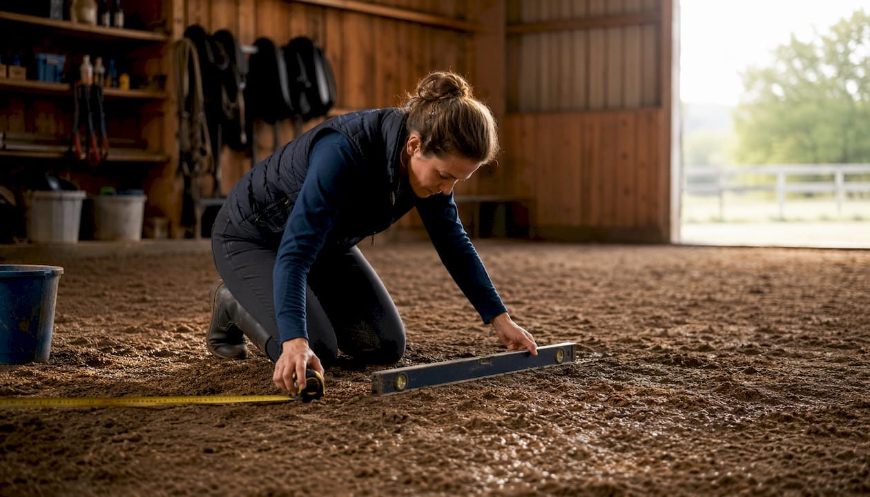 Equestrian using measuring tools at horse arena edge