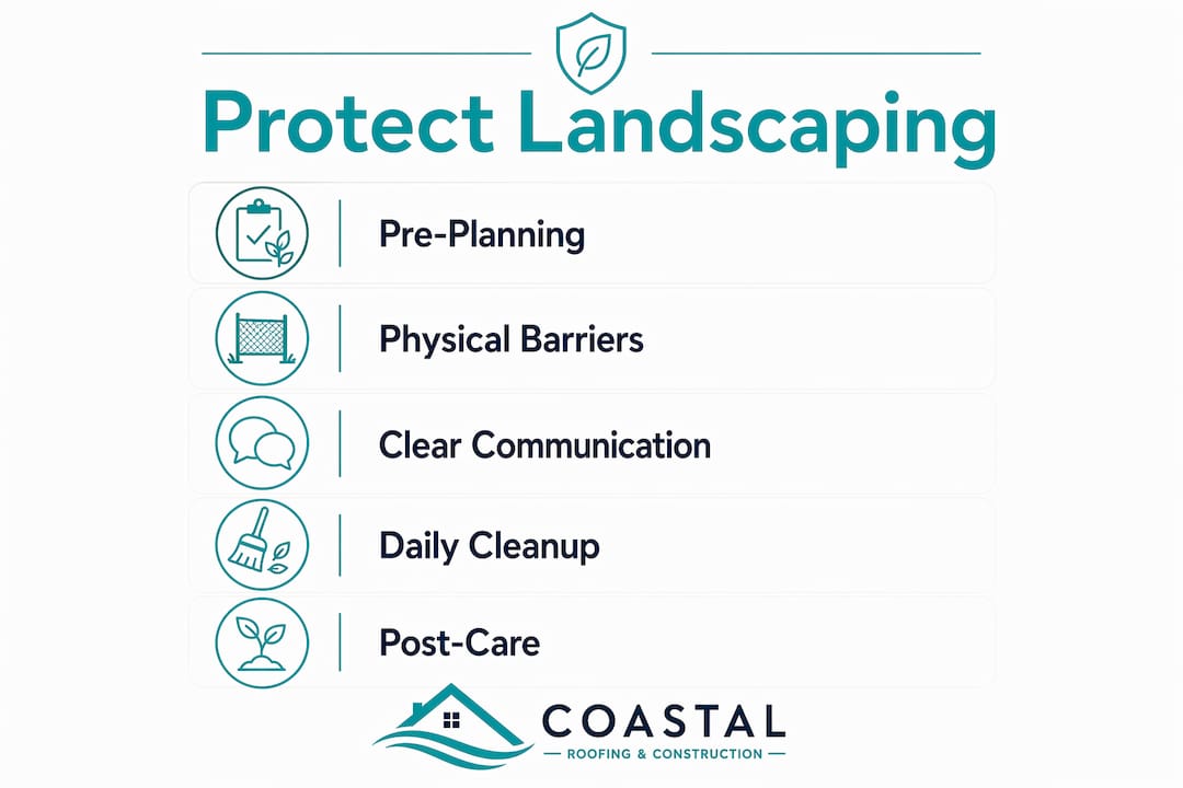 Infographic illustrating landscaping protection steps during roofing