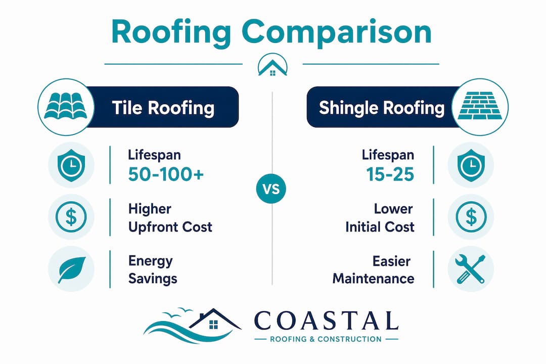 Infographic comparing tile and shingle roofing features