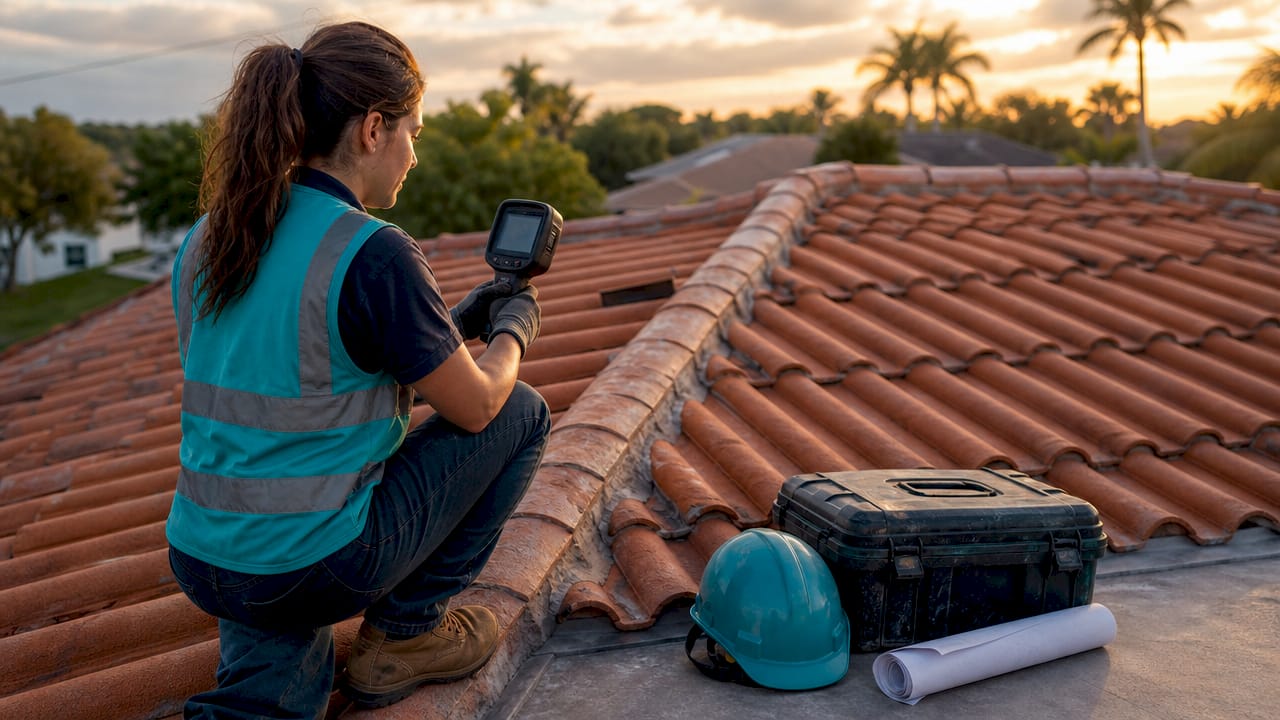 Contractor inspecting tile roof energy efficiency