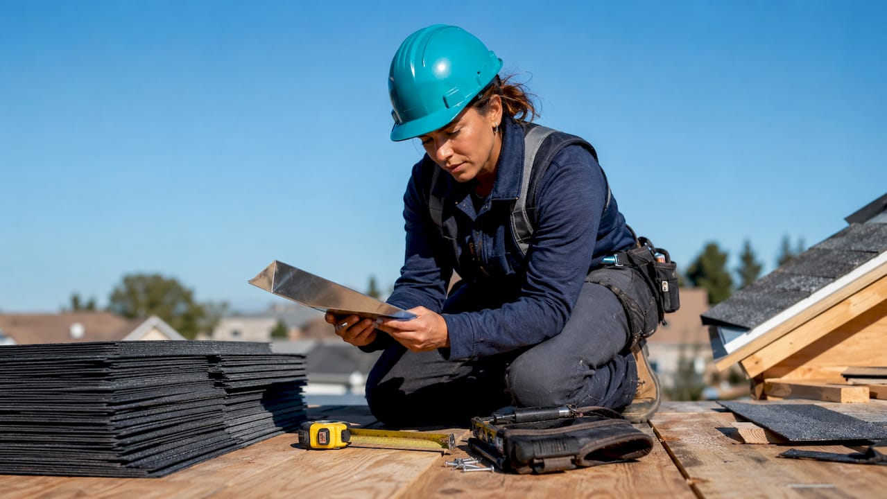 Close-up of roofing materials inspection