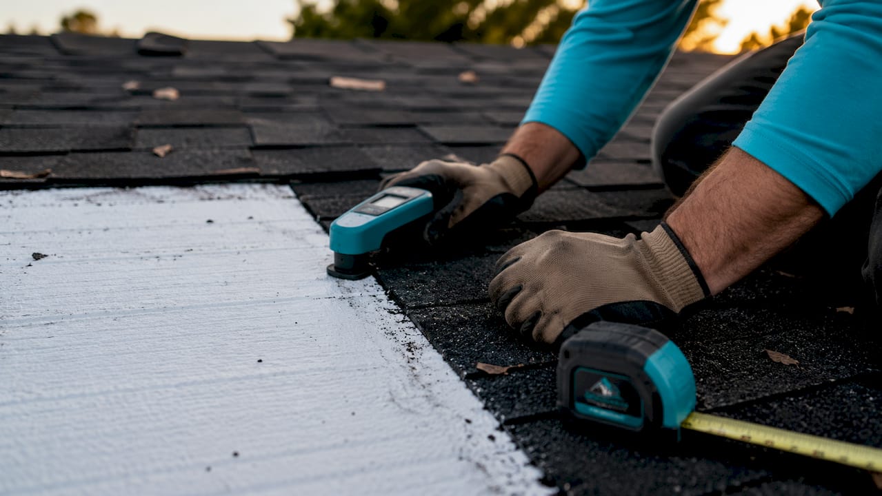 Hands measuring solar reflectance on roof