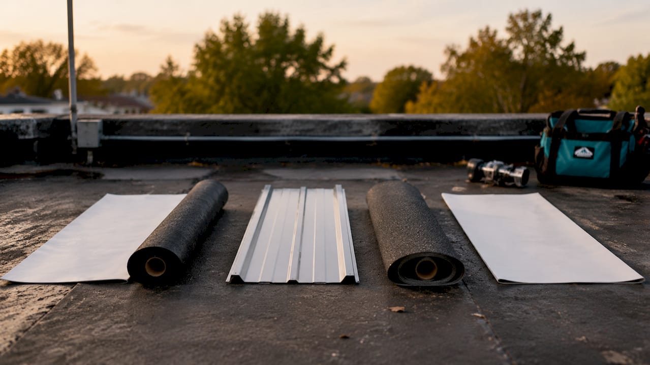 Samples of common flat roofing materials on rooftop