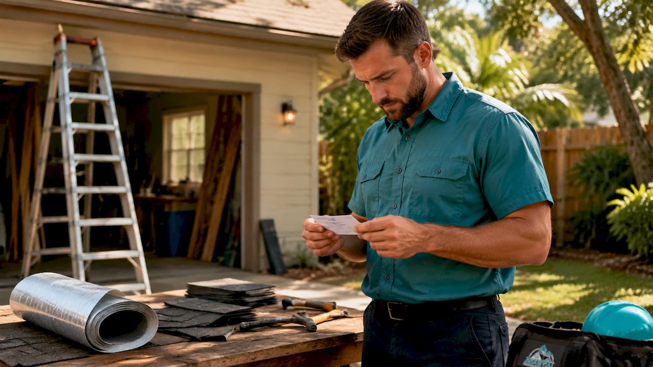 Handyman holding roofing contractor license card
