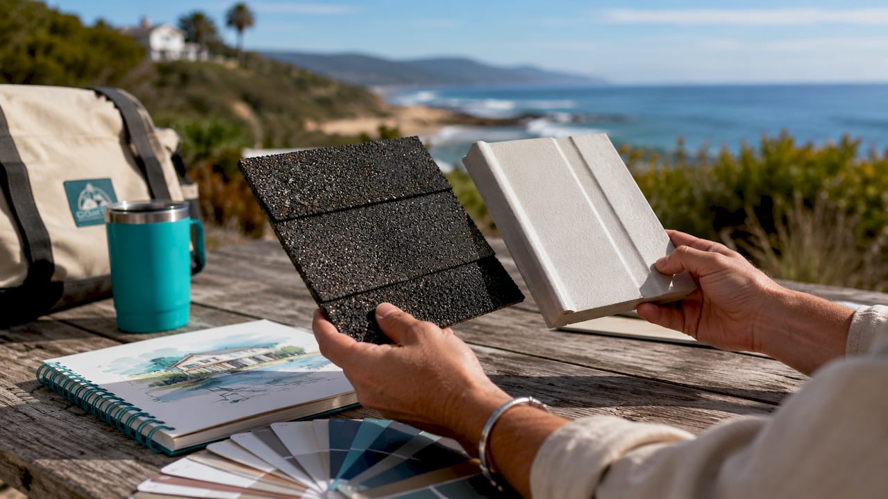 Hands comparing dark shingle and light roof tile samples