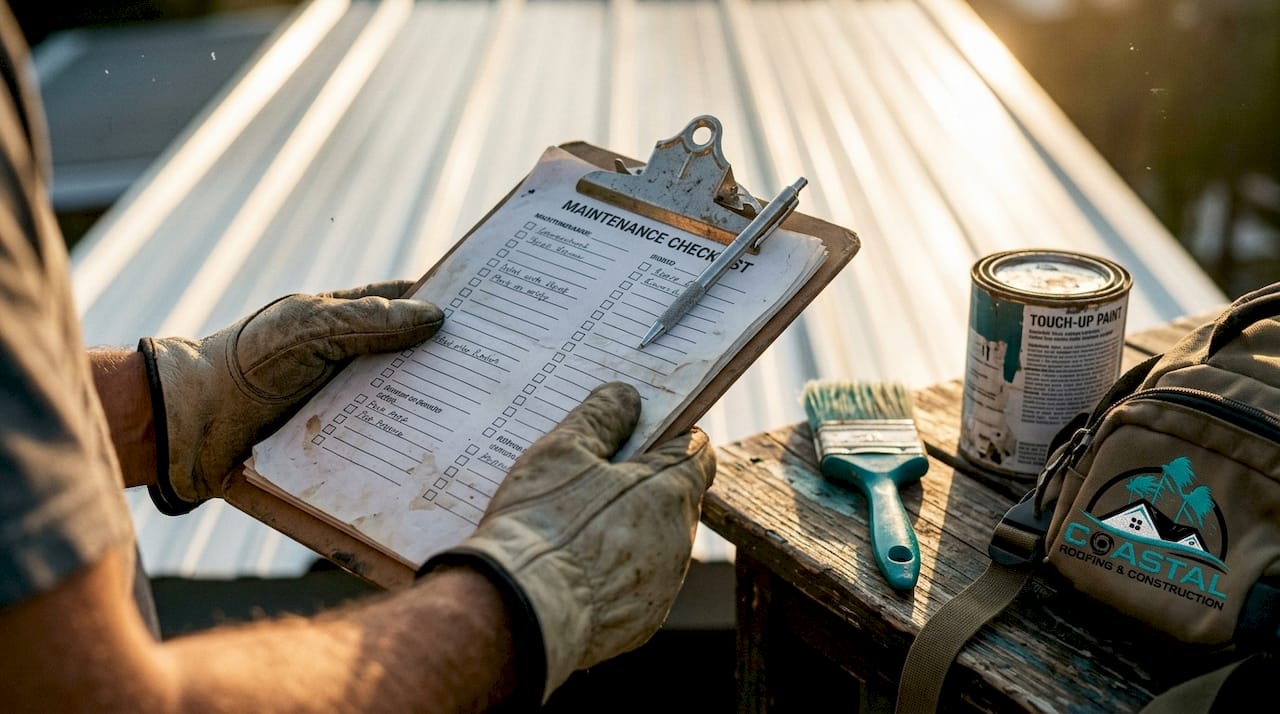 Hands holding metal roof checklist with tools