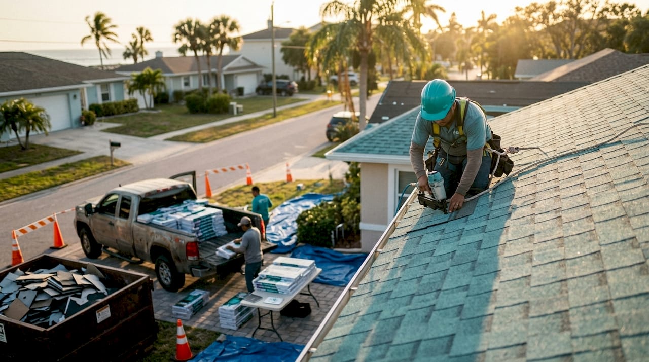 Roofing crew installing new shingles on home