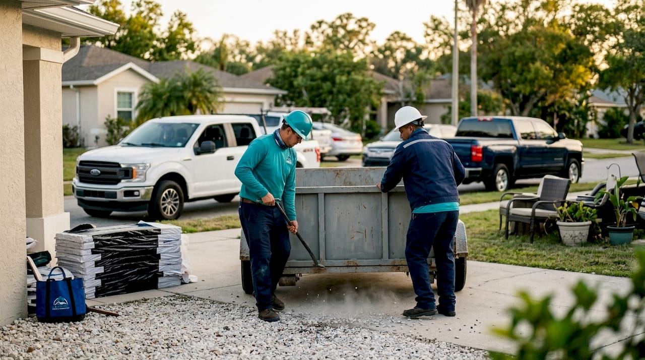 Roofing crew preparing driveway with dumpster