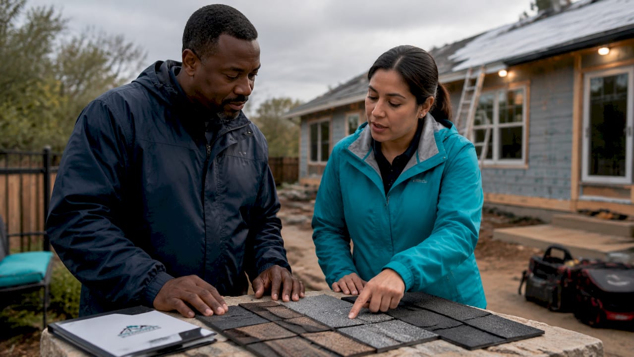 Hands comparing roofing shingle samples outdoors