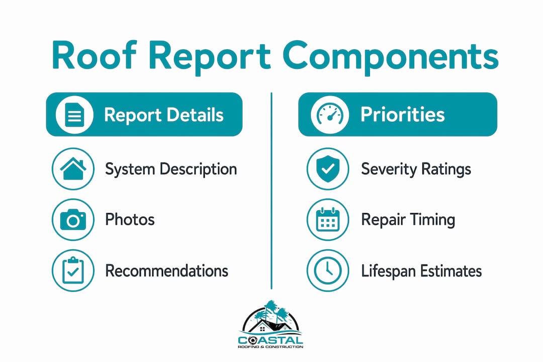 Infographic outlining roof inspection report components
