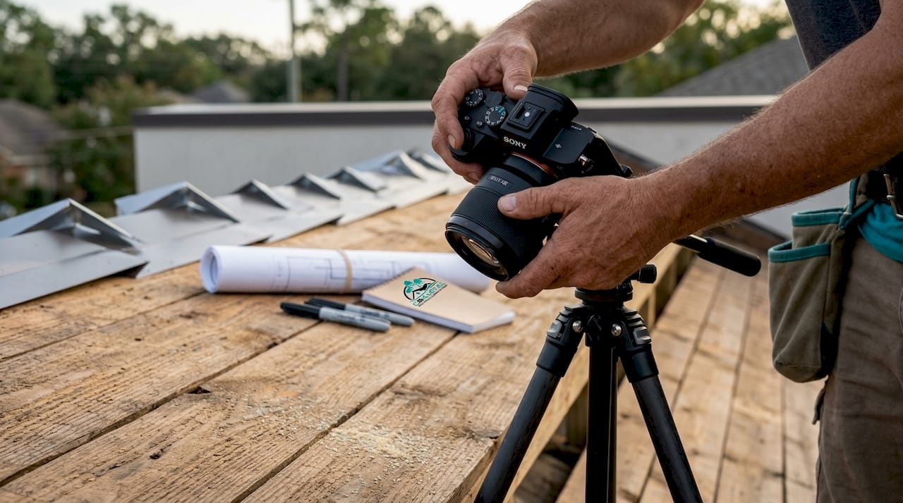 Hands photographing new roof deck and flashing