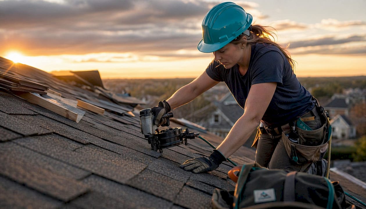 Hands installing shingles with fasteners on overlay roof