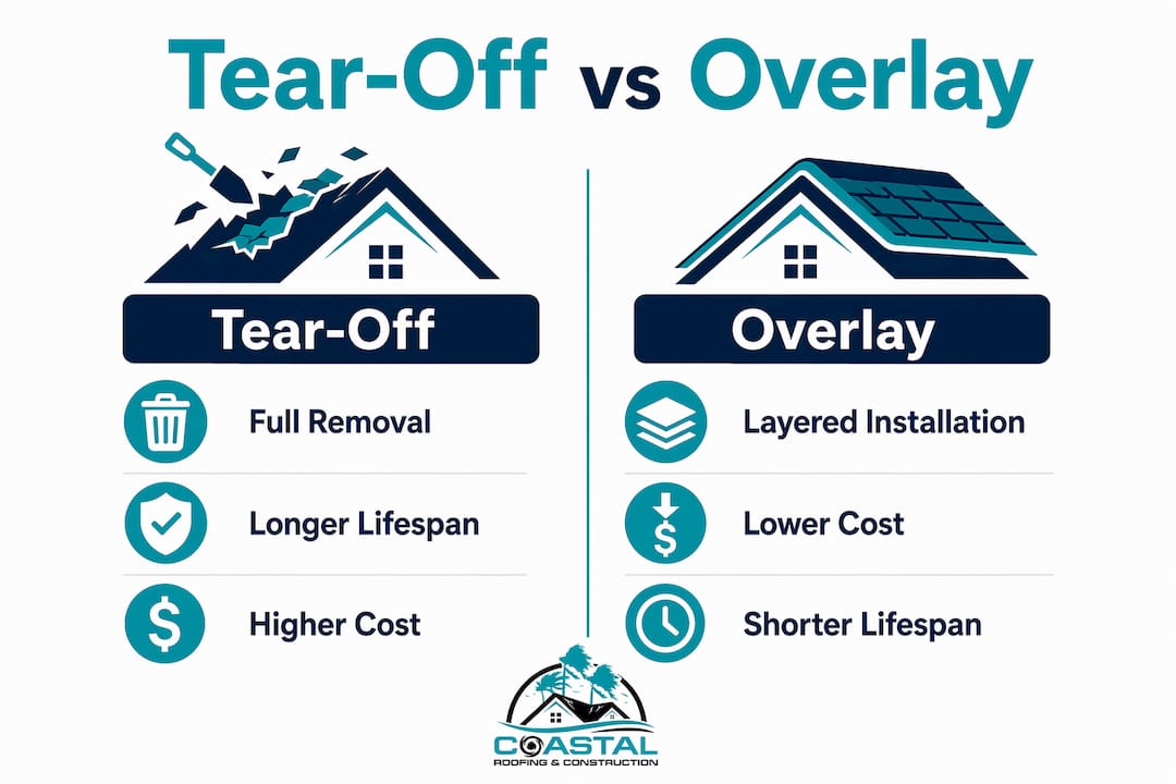 Infographic comparing tear-off and overlay roofing methods