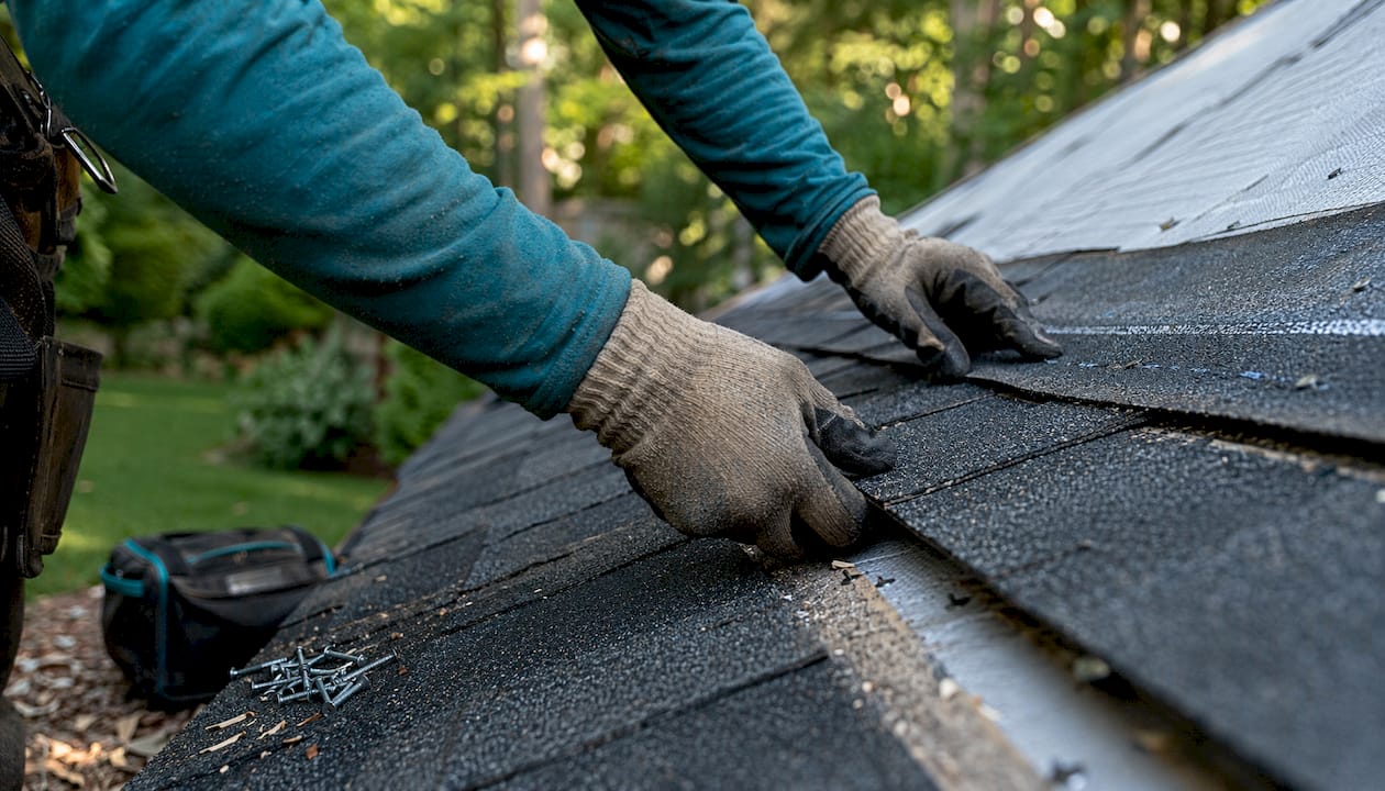 Hands installing architectural asphalt shingles on roof