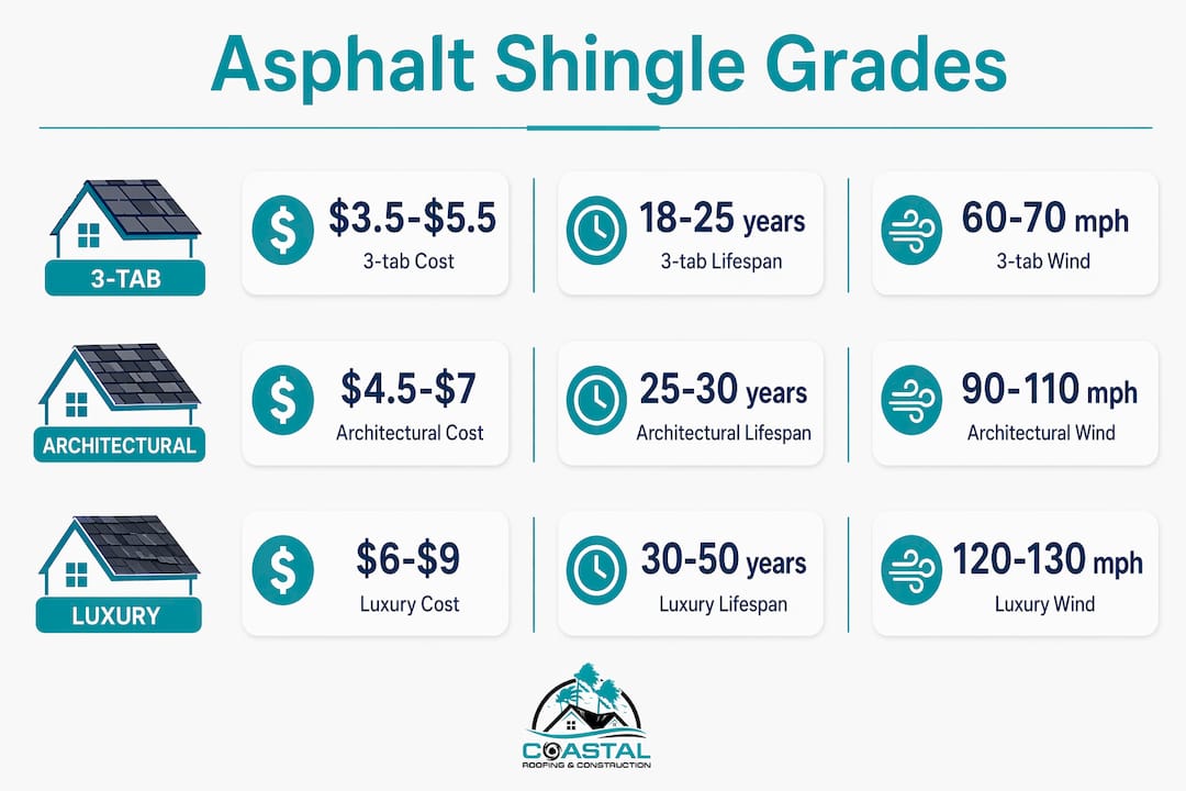 Infographic comparing asphalt shingle grades and features