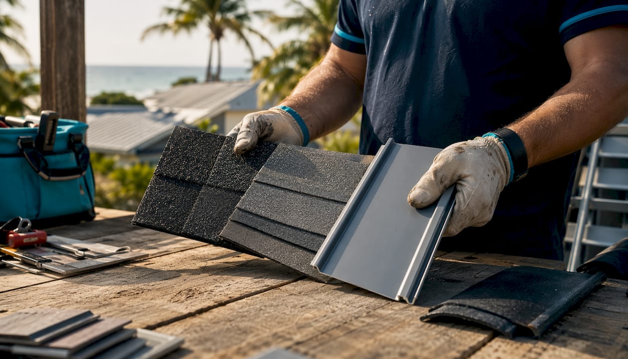 Close-up of roofing material samples and hands