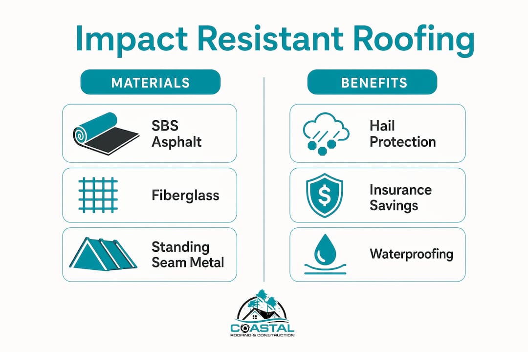Infographic comparing impact resistant roofing materials and benefits