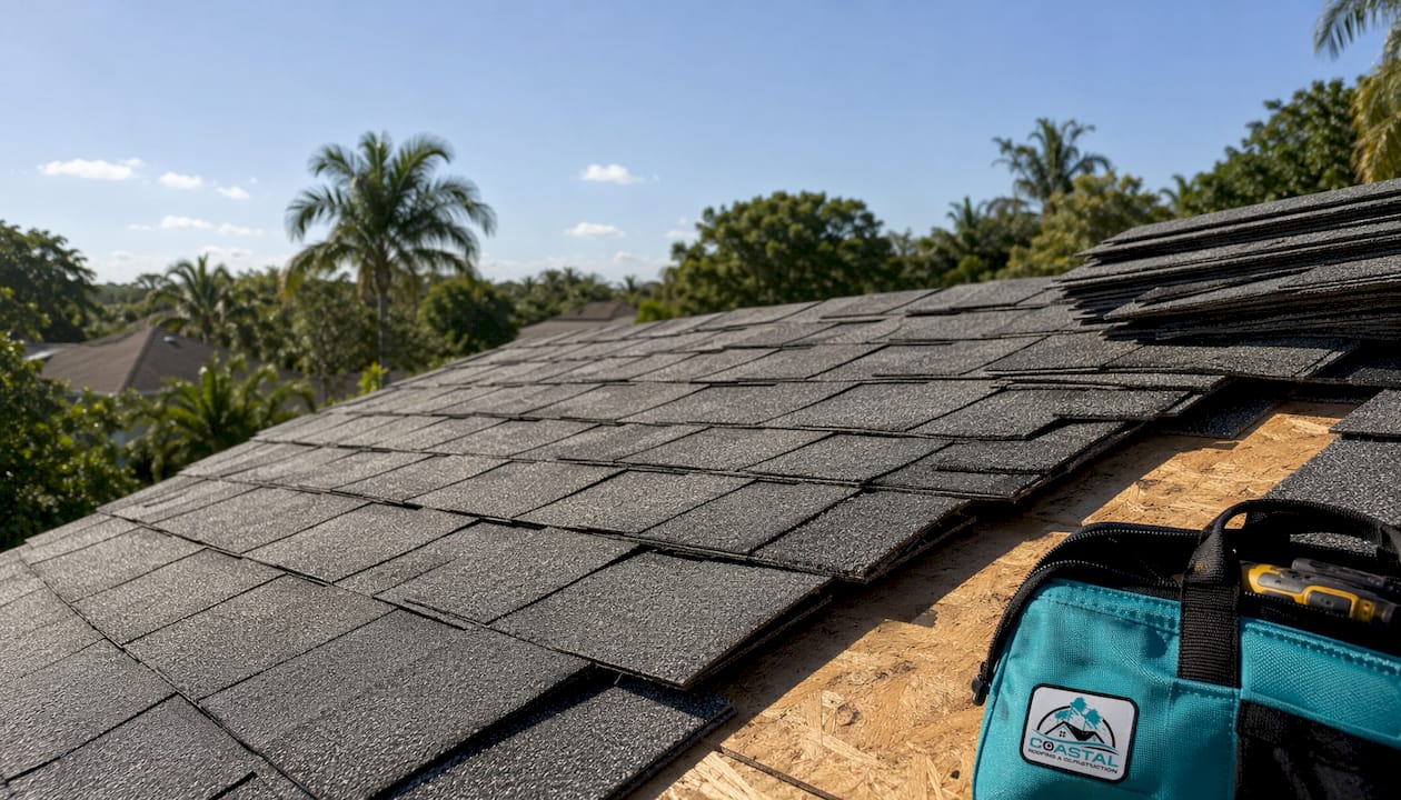 Close-up cross section of architectural shingles materials