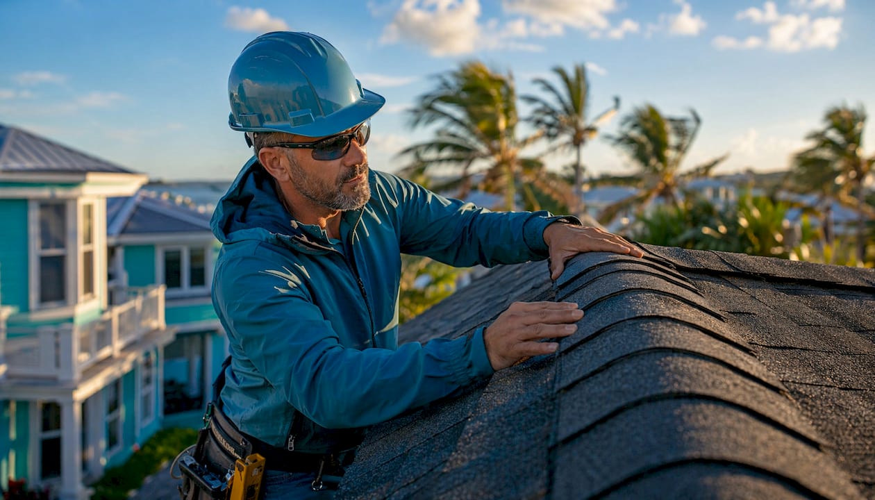 Contractor inspecting ridge caps on shingle roof