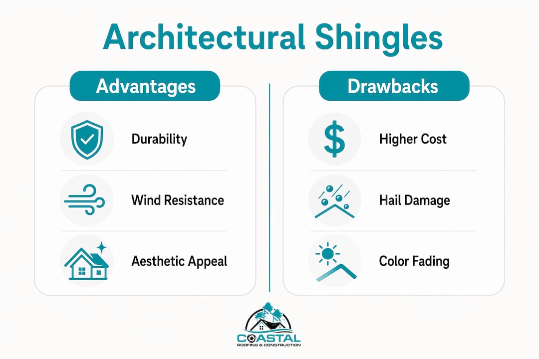 Infographic comparing architectural shingles pros and cons